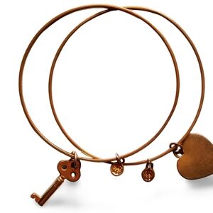 Gold Tone Key & Heart Charm Bangle Bracelets, Set of 2